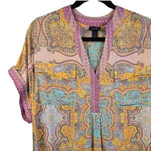 Daytrip Paisley Print‎ Blouse Short Sleeve Button Up Bohemian Top M